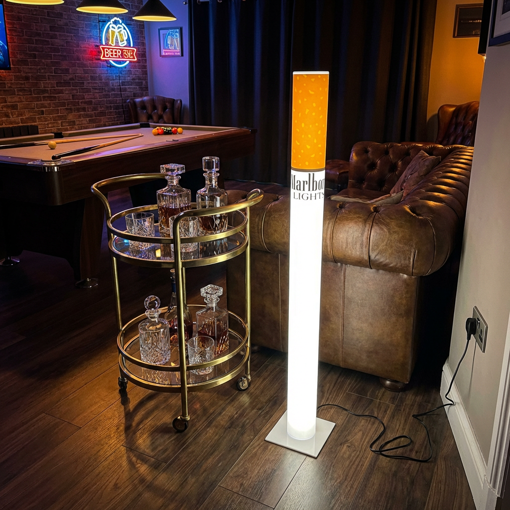 man cave decor, home bar decor, retro floor lamp, boho floor lamp, giant cigarette lamp, marlboro lamp, whiskey barrel decor, biker garage decor, y2k lamp, novelty lamp