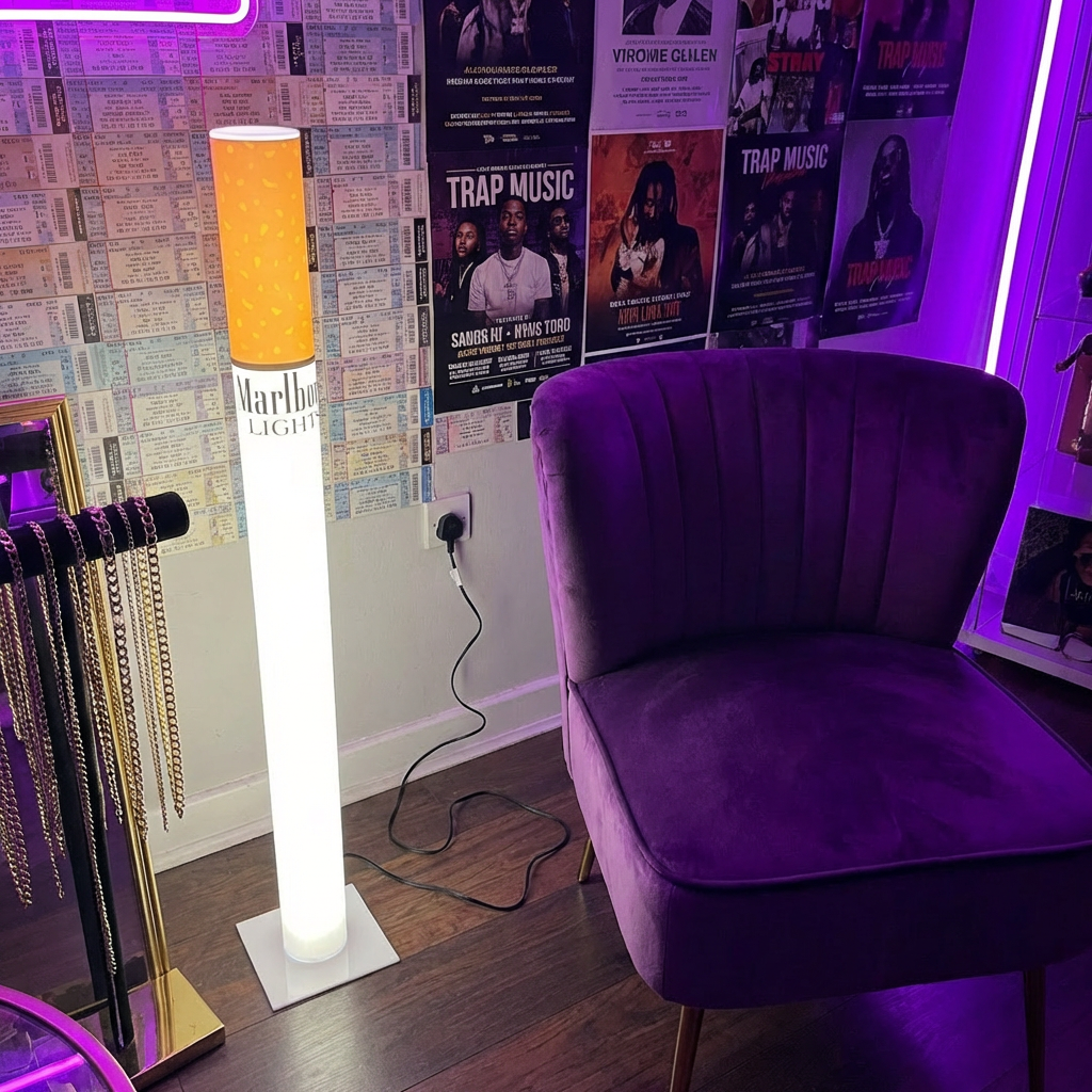 man cave decor, home bar decor, retro floor lamp, boho floor lamp, giant cigarette lamp, marlboro lamp, whiskey barrel decor, biker garage decor, y2k lamp, novelty lamp,marlboro lamp lights, cigarette lamp , marlboro lamp for sale