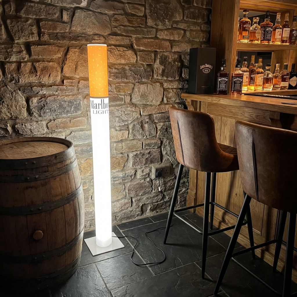man cave decor, home bar decor, retro floor lamp, boho floor lamp, giant cigarette lamp, marlboro lamp, whiskey barrel decor, biker garage decor, y2k lamp, novelty lamp,marlboro lamp lights, cigarette lamp , marlboro lamp for sale