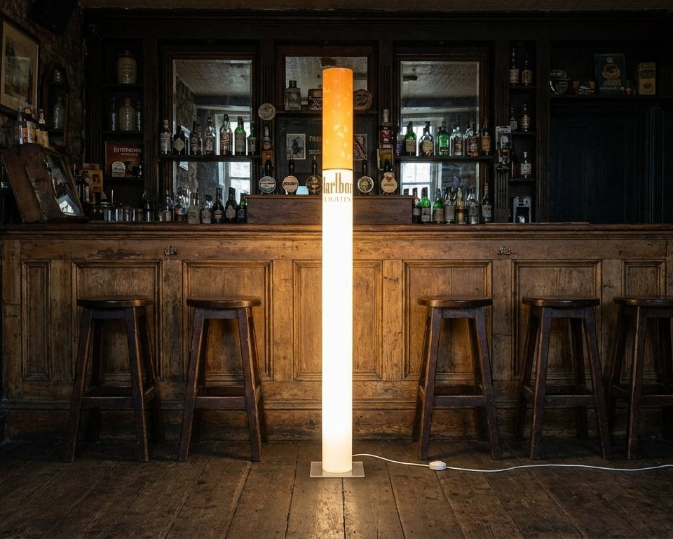 limited marlboro lamp, vintage pub decor, home bar art, marlboro floor lamp, collector pub light, retro bar statement, whiskey bar art, man cave vintage lamp, pub renovation lighting, speakeasy art lamp, bourbon bar vintage, bar cart statement, neon pub art  

